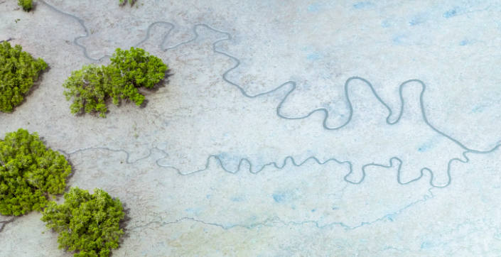 Water meanders across a pale landscape